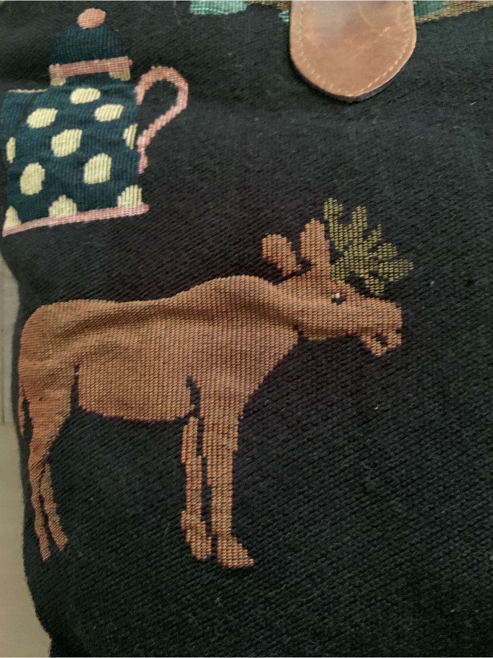 Vintage 90s Orvis Rustic Lodge Tapestry Tote Bag Moose Bear Leather Handles - Picture 10 of 16